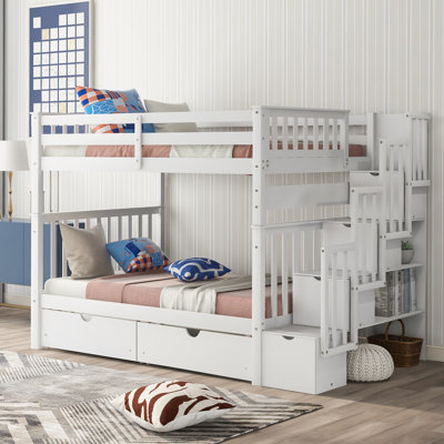 Full Over Full Bunk Bed with Stairs, Shelves & 6 Storage Drawers, Convertible Wood Bunk Bed, No Box Spring, White