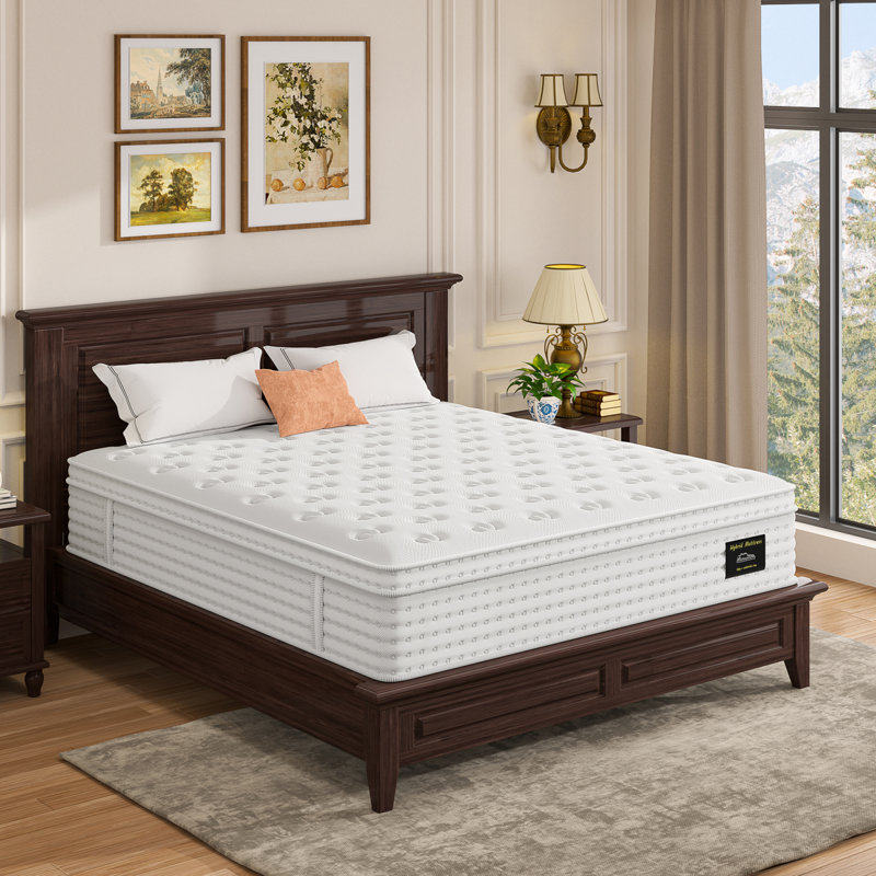  14 Inch Queen Hybrid Mattress, Memory Foam and Pocket Spring Bed for Pressure Relief, Fiberglass Free, White, 14", Queen