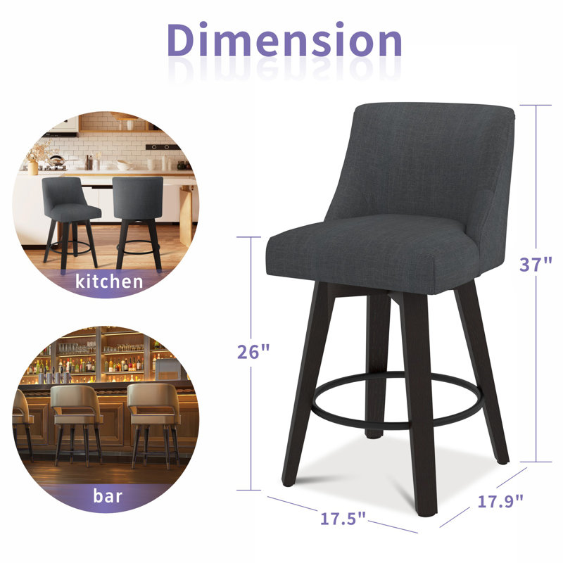 Loriell Swivel Bar & Counter Stools with Solid Wood Frame, Black, 4, Counter Stool (26” Seat Height)