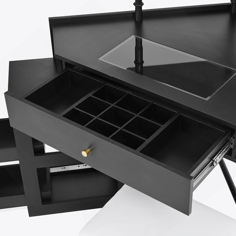 Ensemble de meuble-lavabo de coin avec tabouret de rangement rembourré et station de charge, bureau de maquillage triangulaire avec armoire latérale amovible, bureau de coiffeuse en verre avec tiroir et tablette, noir