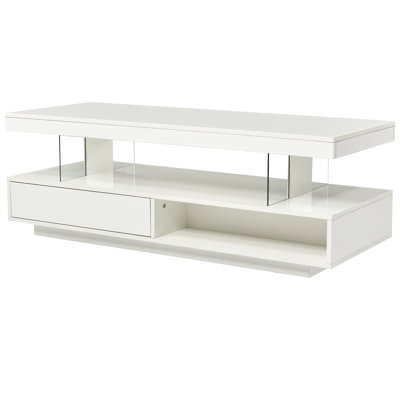 LED Coffee Table With Storage, Modern Center Table With 2 Drawers And Display Shelves, Accent Furniture With LED Lights For Living Room,White
