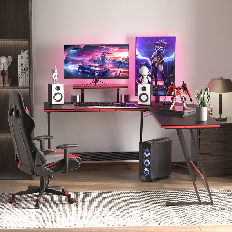 Sherri L Shaped Gaming Computer Desk with Large Monitor Stand, Black, 29" H x 51" W x 20" D