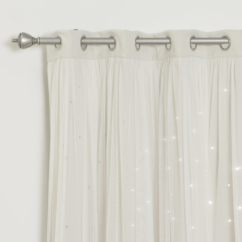 Jenifer Tulle Overlay Star Cutout Solid Room-Darkening Grommet Curtain Panels, 52" W x 63" L, Biscuit