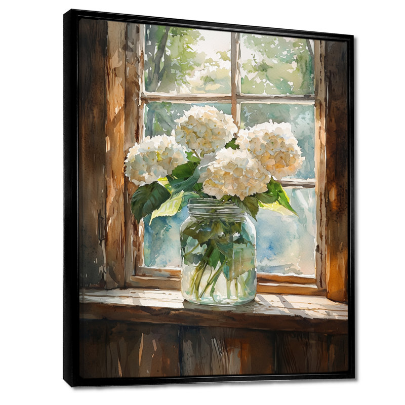 Ched Hydrangeas By The Window - Hydrangea, art mural sur toile, Noir, Reproduction avec cadre flottant, H 20 po x l 12 po