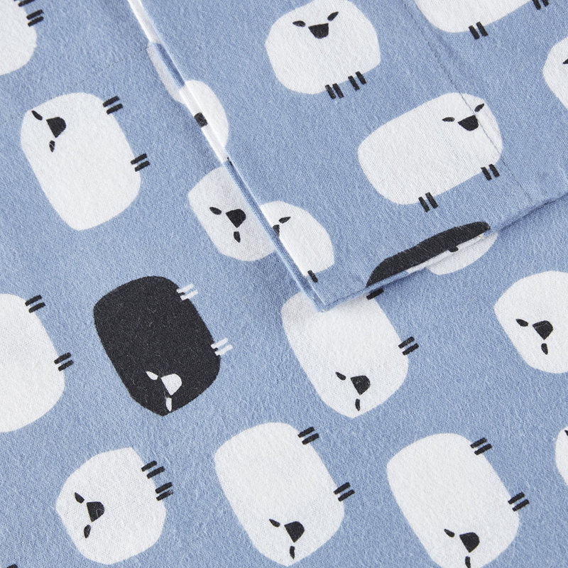 Ensemble de draps 100% flanelle de coton 4 pièces Woolrich, Ensemble de draps pour grand lit avec 2 taies d'or, Bleu, moutons