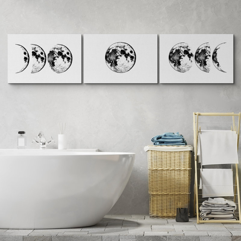 Moon " Abstract Black And White Moon " 3 - Pieces, Wrapped Canvas, 16" H x 24" W