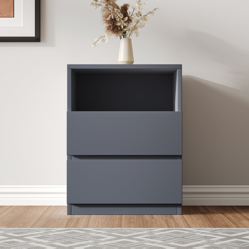 26" Tall Gray Nightstand with Storage, Wood Bed Side Table with 2 Drawers and Open Shelf , Modern End Table Small Dresser for Bedroom and Living Room