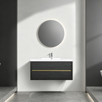 Meuble-lavabo mural de 60 po avec comptoir en pierre reconstituée et 2 lavabos, armoire gris cendré, 4 tiroirs