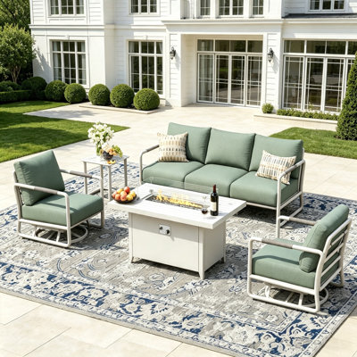 Outdoor Aluminum Patio Furniture Set, 5-Seats Patio Conversation Sofa Set with 2 Swivel Rocking Chairs and Oversized Fire Pit Table