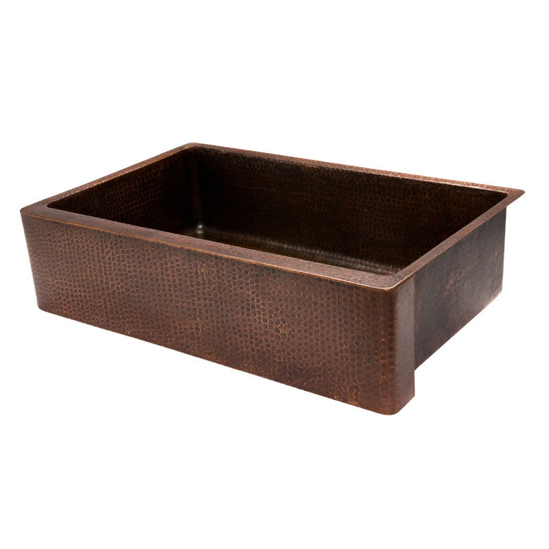 35" Hammered Copper Kitchen Apron Single Basin Sink with Matching Drain and Accessories