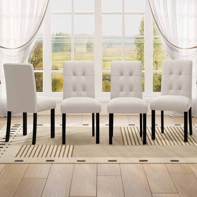 4 Piece Modern Tufted Dining Chair, Rustic Linen Upholstered with Rubber Wood Legs, Upholstered Accent Chair, Beige