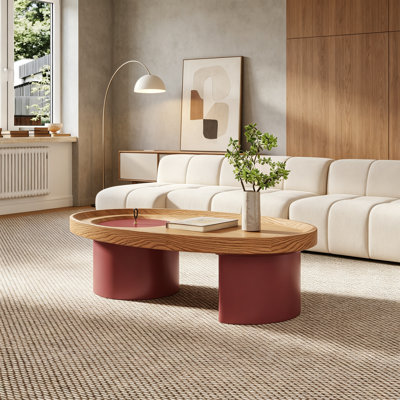 Table basse ovale en bois avec rangement 45,3 po, plateau en noyer avec pieds rouges, table de salon Mid-Century moderne, mobilier d'appoint de style campagnard pour grands espaces, assemblage facile