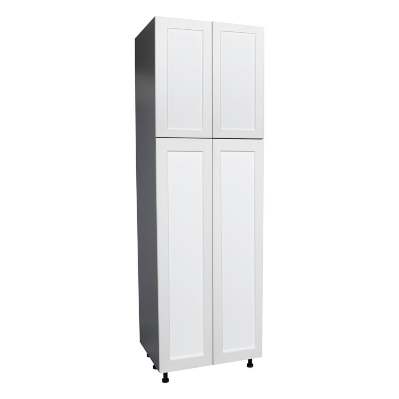 Armoire utilitaire 36 po x 96 po - Quatre portes - Avec porte en teck naturel, Blanc mat, H 90 po x l 24 po