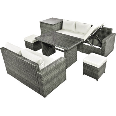 Outdoor 6-Piece All Weather Pe Rattan Sofa Set, Garden Patio Wicker Sectional Furniture Set With Adjustable Seat, Storage Box, Removable Covers And Tempered Glass Top Table