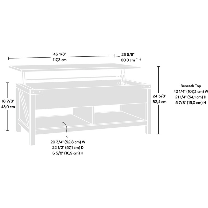 Table basse à plateau relevable brun avec tablettes ouvertes pour présentation, 16,28 po de largeur, télécommandes à compartiments dissimulés