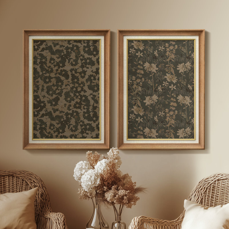 Vintage Floral Pattern Dark Green Set - Set of 2 Premium Framed Wall Art Print on Paper 26"x36", Natural