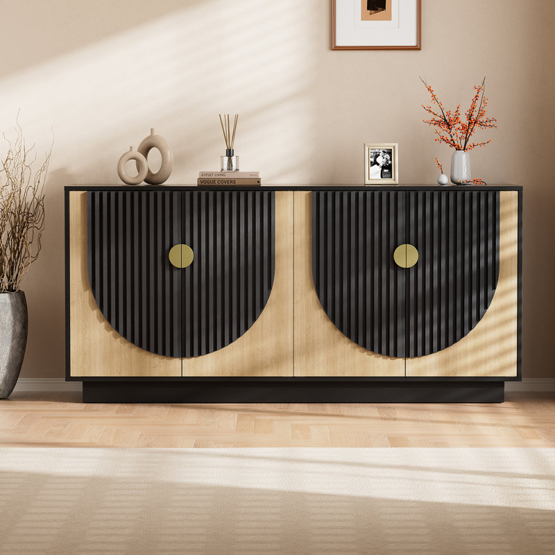 63''Modular recessed sideboard with storage, mid-century modern console table with symmetrical arched doors