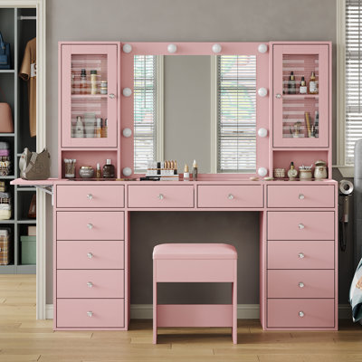 Makeup Vanity With Mirror And 10 LED Lights,Vanity Desk With 12 Drawers And 2 Cabinets, Glass Top Vanity Set With Power Outlet, Fold-Up Panel