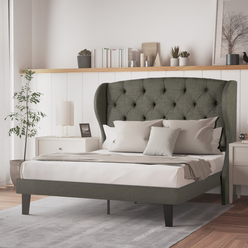 Upholstered Wingback Bed, King, Gray