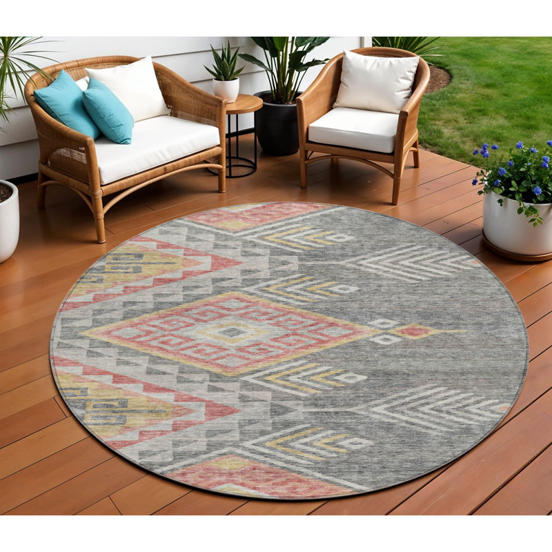 Tapis rond lavable intérieur et extérieur 8 pi gris et terre cuite