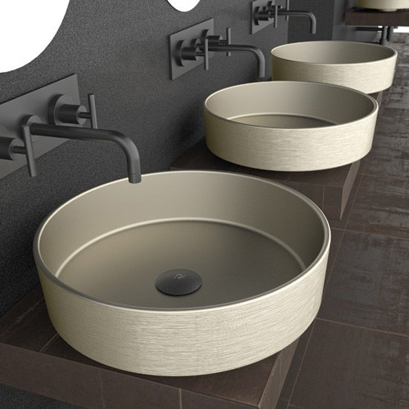 Lavabo de salle de bain à bateau circulaire en métal Rho, Platine brossée