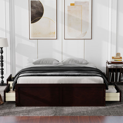 Wood Queen Size Storage Bed With Drawers