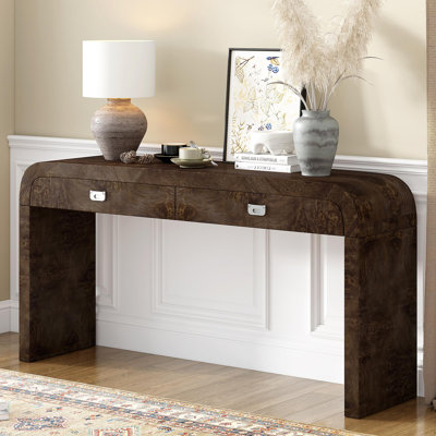 Table d'entrée en bois 60 po avec placage de ronce, console avec 2 grands tiroirs et poignées en métal, table de canapé multifonctionnelle avec 2 pieds robustes, convient au salon, au vestibule, au couloir, au bureau