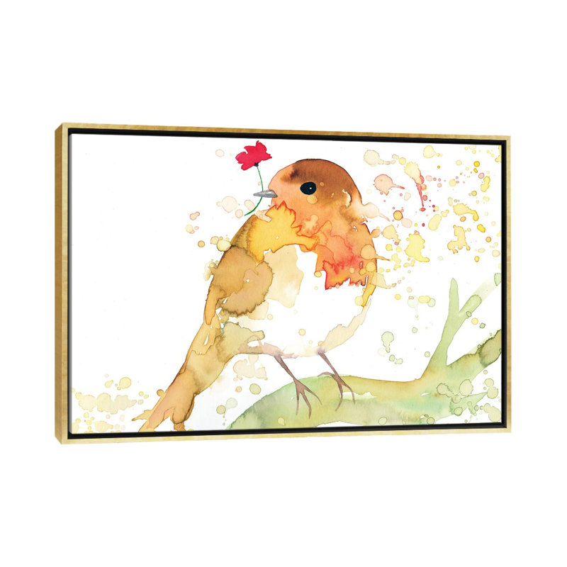 Robin avec coquelicot - reproduction d'art, H 40 po x l 60 po x 1,5 po, Toile encadrée d'or, Pas de tapis