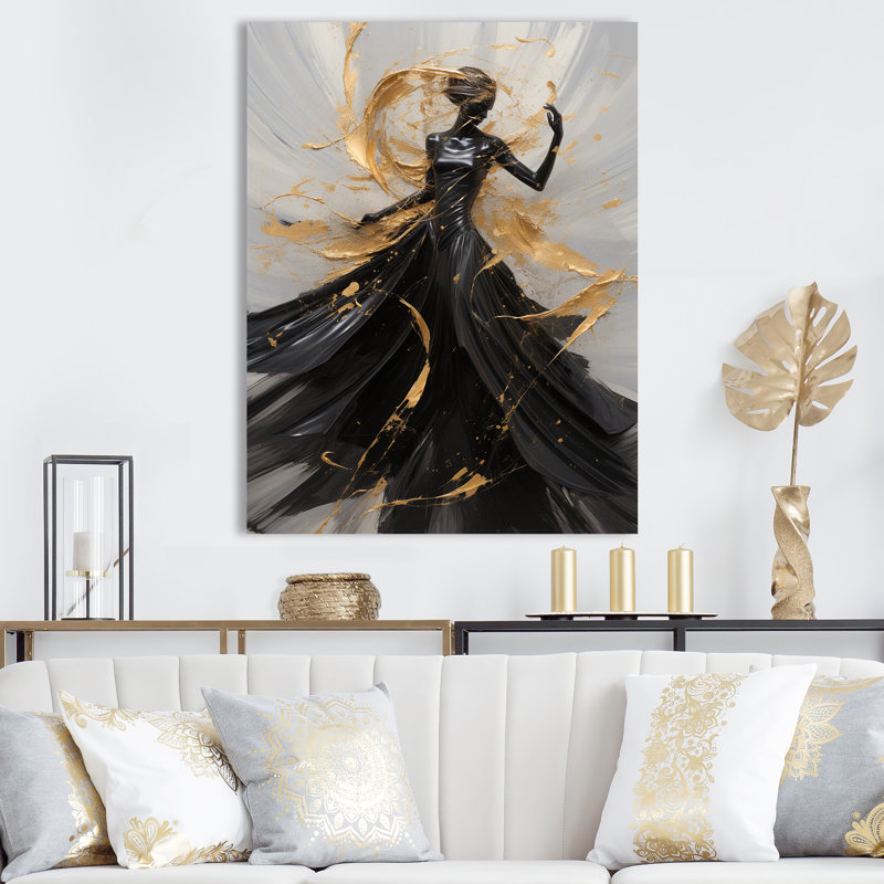 Or et noir Dance Splash III - art encadré de danse, Toile tendue, H 44 po x l 34 po x P 1,5 po