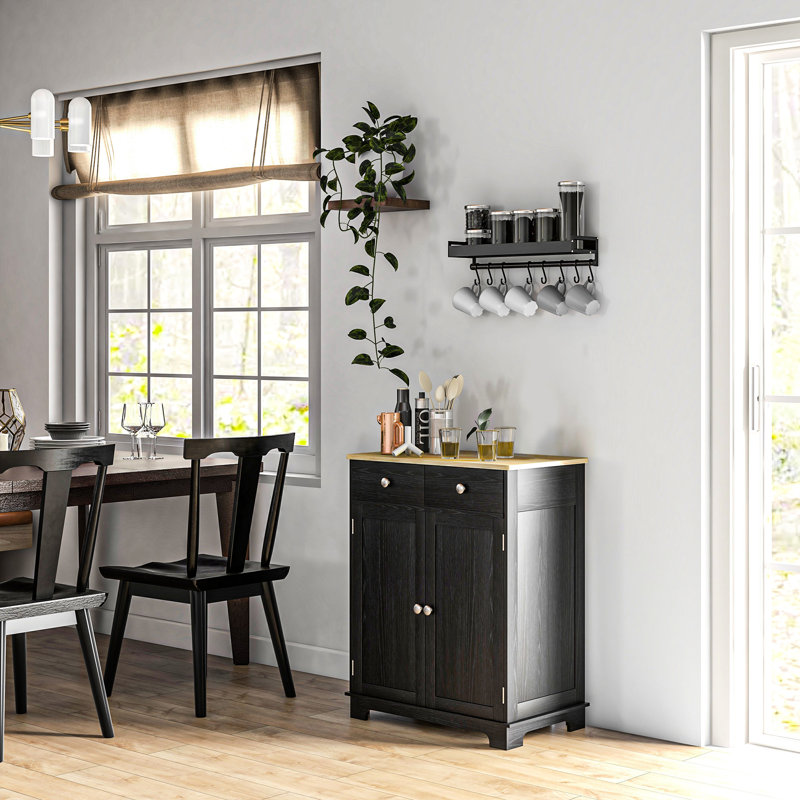 Buffet de comptoir en bois massif - noir vieilli, 2 tiroirs, portes, tablette réglable pour armoire de rangement noire avec comptoir et cuisine