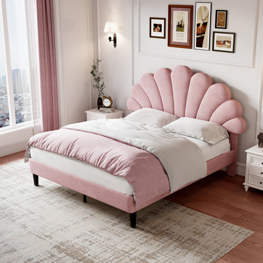 Adreon 135*190cm Double Upholstered Velvet Bed Frame, with Adjustable Chic Petal Headboard