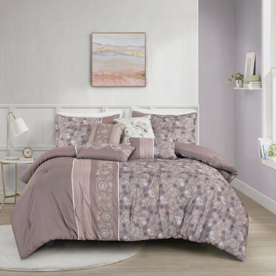 Ensemble d'édredon brodé et imprimé 7 pièces Dusty Mauve Paisley en doux microfibre de polyester avec édredon, taies décoratives et coussins décoratifs