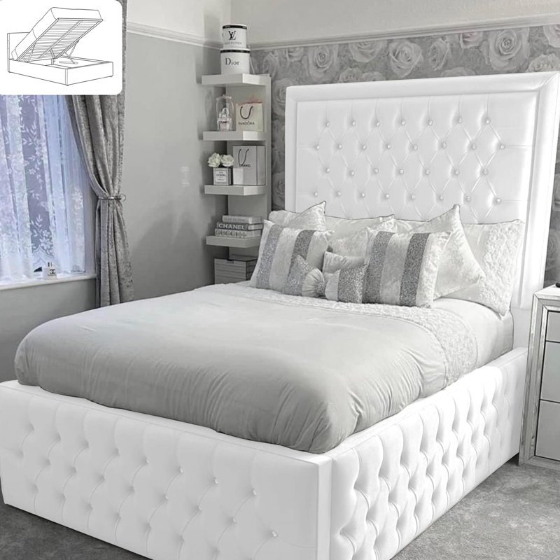 Chanoa Deluxe Ottoman Storage Bed - Bumperbar Plush Velvet Upholstered Gas Lift Bed Frame, Kingsize (5'), White
