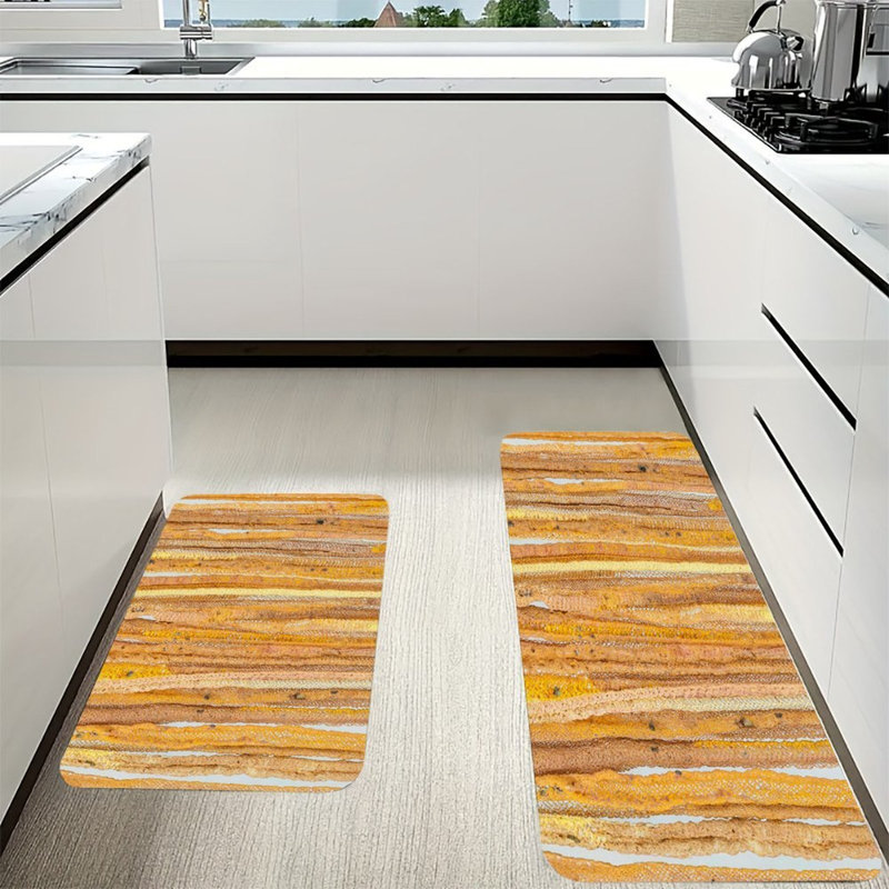 Tapis de cuisine antidérapant orange à rayures texturées, 2 pièces