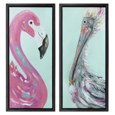 Odd Flamingo Pelican Profile 2 PC Brown Framed Floater Canvas Set by Estelle Grengs