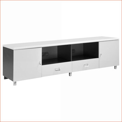 Meuble télé blanc brillant & amp; Console contemporaine grise 2 tiroirs et 2 armoires | Contemporain, moderne | Meuble télé 70 à 79 pouces
