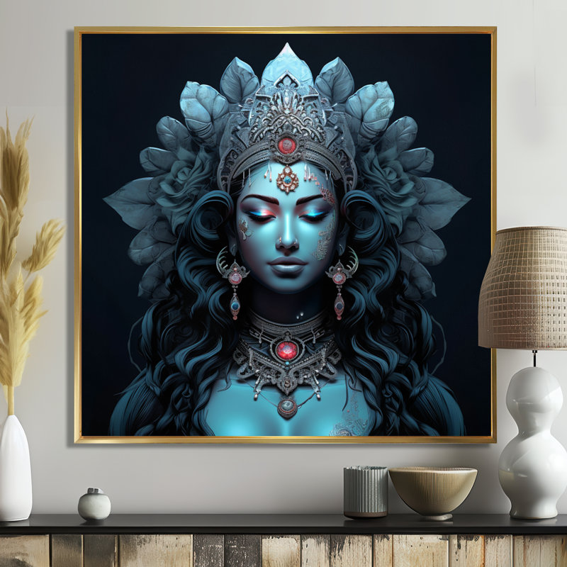 Bleu Shiva Compassion - Hindouisme, art mural, Toile avec cadre flottant or, H 16 po x l 16 po x P 1 po