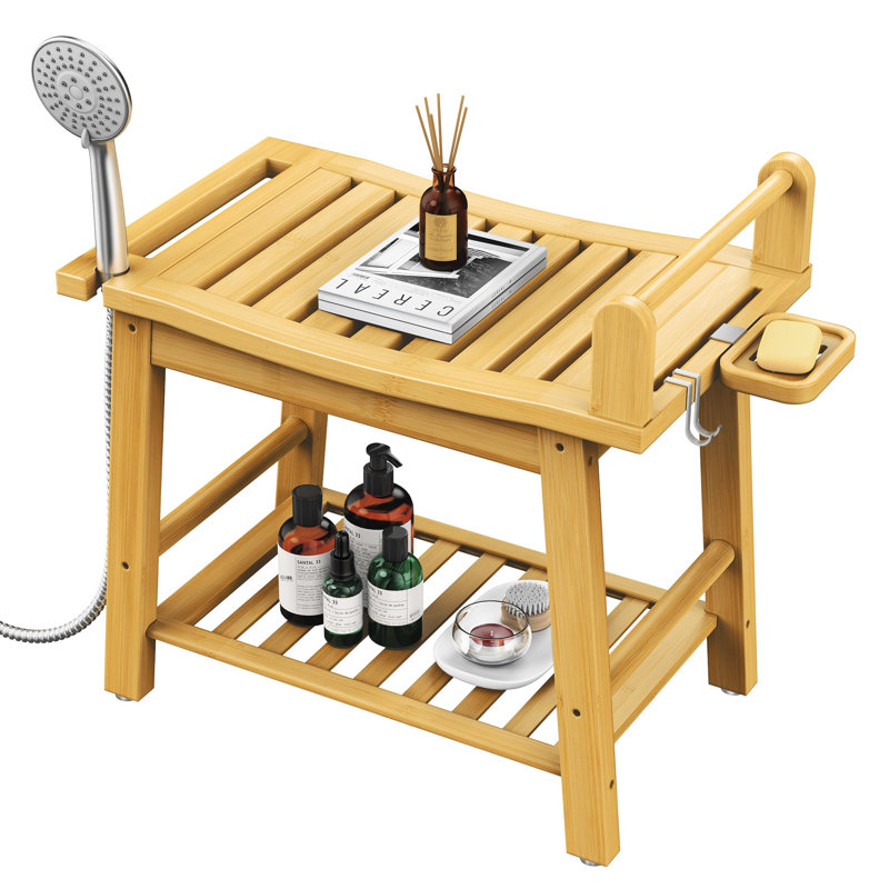 Banc de douche en bambou, tabouret de douche à 2 niveaux avec accoudoirs, banc de salle de bain robuste avec tablette de rangement et support de douche, naturel