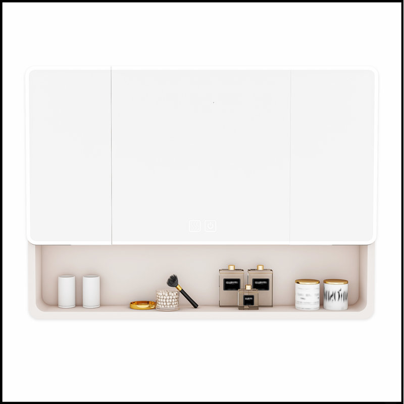 Miroir en aluminium pour armoire à pharmacie avec lumière DEL 3 couleurs, désembuage, rangement pour cosmétiques et support pour sèche-cheveux, 35 x 28 po
