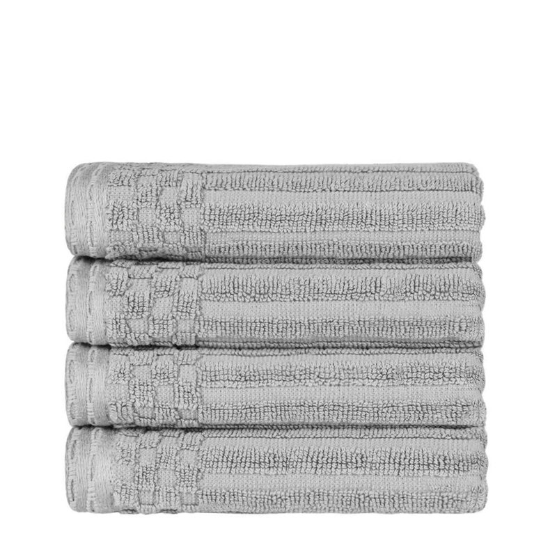 Kleiman Cotton Highly Absorbent Solid and Checkered Border Hand Towel Set, Silver