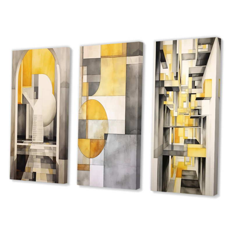 «Yellow and Gray Intersecting Realities», 3 pièces, Toile tendue, H 40 po x l 60 po
