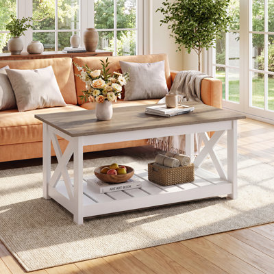 Coffee Table For Living Room, 40.1" Rustic Center Table With X-Frame Support & Storage Shelf, 2-Tier Wood Coffee Tables For Bedroom & Balcony