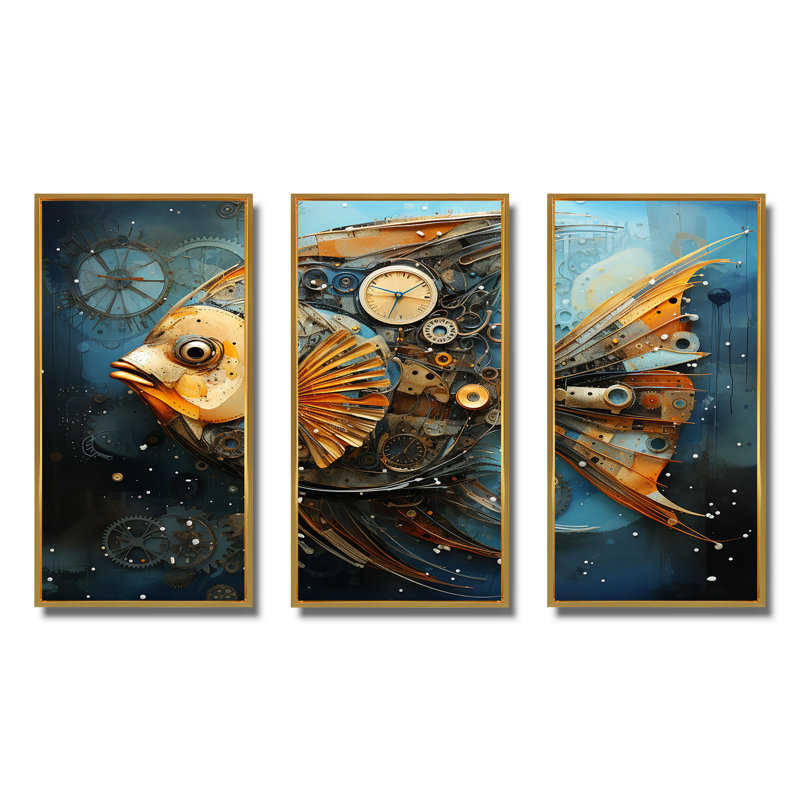 «Yellow Cubist Fish», art mural bleu, Cadre flottant doré, H 40 po x l 60 po