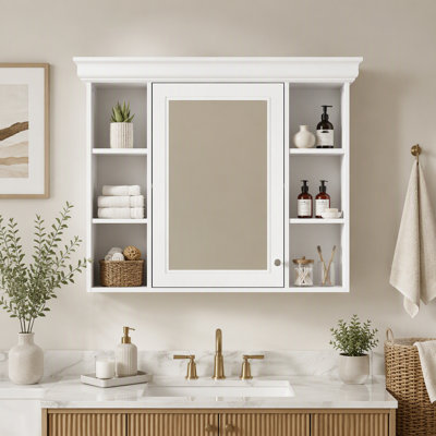 Armoire de rangement murale moderne pour salle de bain de 90 cm (35,5 pouces) avec porte-miroir et 6 tablettes ouvertes