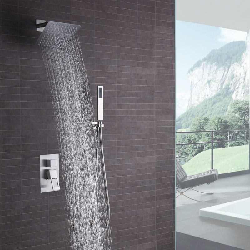 Sumerain Contemporary Concealed Shower System, Single Handle Shower System with Large 8" Square Rain Shower and Hand Shower, Brushed Nickel