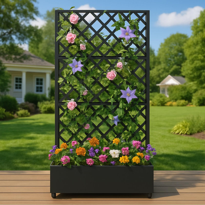 Galvanized Metal Planter Box with Diamond Trellis & Wheels, Raised Garden Bed for Climbing Plants, 35x15.7x72 in