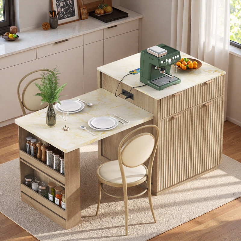 Îlot de cuisine cannelé avec table de salle à manger extensible, prise de courant, rangement double, 2 tiroirs et 2 tablettes ouvertes latérales