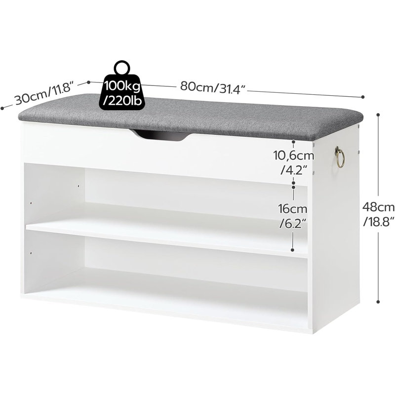 Shoe Storage Bench With Cushion, Entryway Bench With Lift Top Storage Box, 2-Tier Shoe Rack Bench, Adjustable Shelf, For Hallway, Bedroom, Cloakroom, White And Grey
