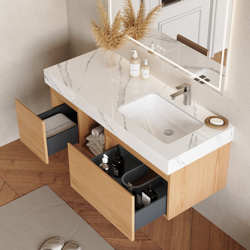 Meuble-lavabo 48 po en noyer clair avec lavabo, meuble-lavabo simple en bois brun moderne avec rangement, meuble de salle de bain de conception minimaliste avec drain