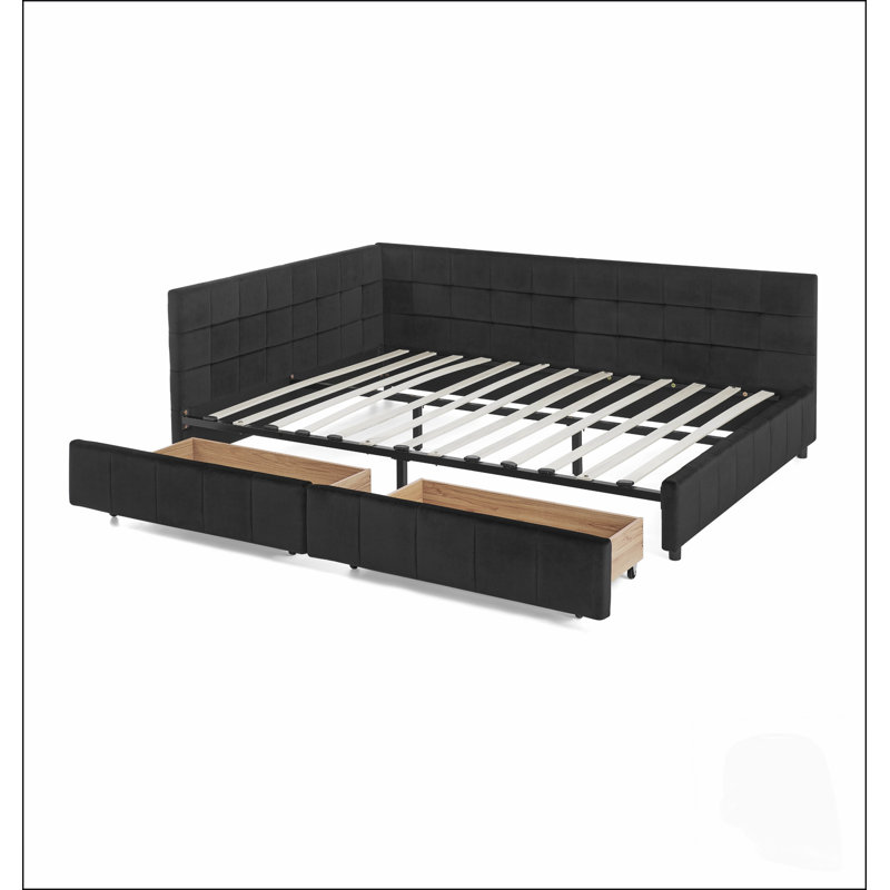 Lit Queen capitonné avec rangement intégré, canapé-lit avec dossier et accoudoirs confortables pour la chambre et le salon